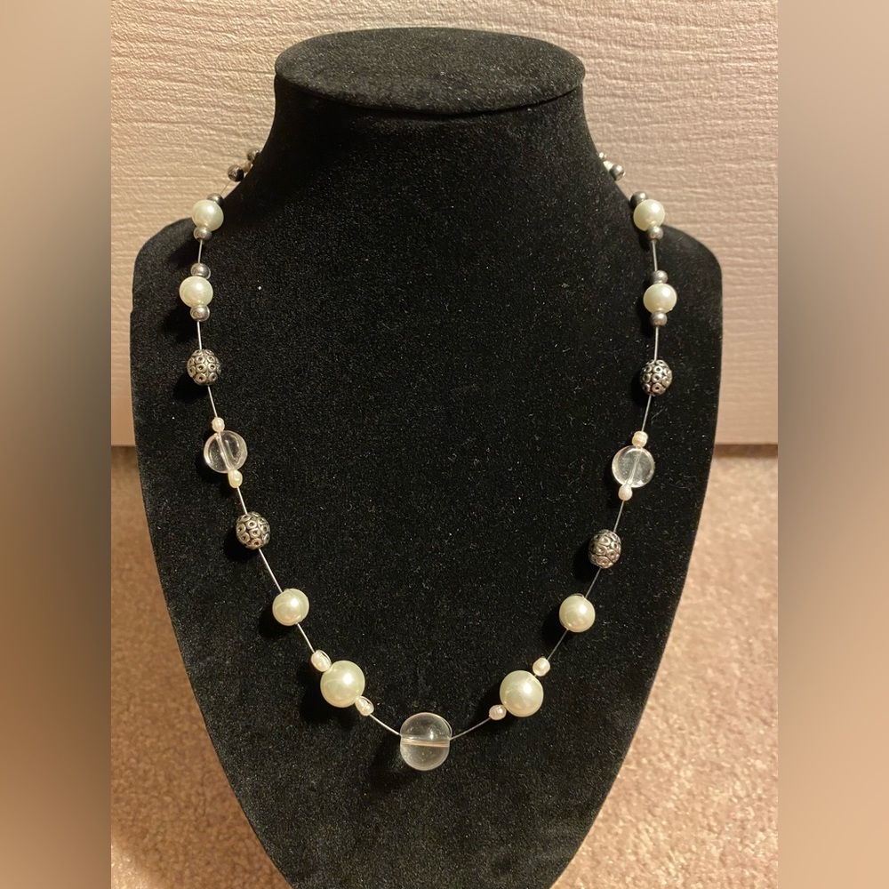 💍Handmade sterling silver, natural pearl, and glass beaded necklace💍